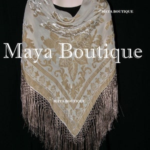 Beige Silk Burnout Velvet Piano Shawl Fringe Wrap Scarf Hand Dyed Maya Matazaro