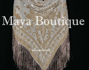 Beige Silk Burnout Velvet Piano Shawl Fringe Wrap Scarf Hand Dyed Maya Matazaro