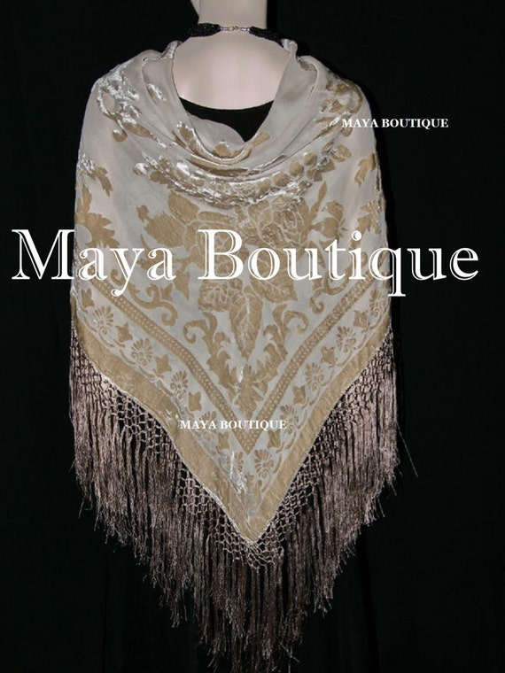 Beige Silk Burnout Velvet Piano Shawl Fringe Wrap Scarf Hand Dyed Maya  Matazaro