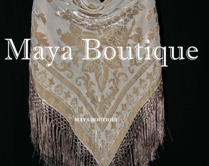 Beige Silk Burnout Velvet Piano Shawl Fringe Wrap Scarf Hand Dyed Maya Matazaro