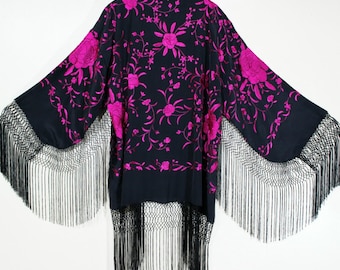 Embroidered Silk Fringe Jacket Kimono Maya Matazaro Black & Fuchsia Maya