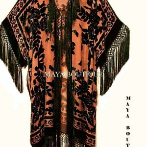 Fringe Jacket Kimono Duster Silk Burnout Velvet Tangerine Black Maya Matazaro