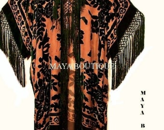 Fringe Jacket Kimono Duster Silk Burnout Velvet Tangerine Black Maya Matazaro