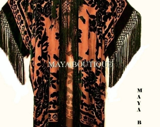 Fringe Jacket Kimono Duster Silk Burnout Velvet Tangerine Black Maya Matazaro