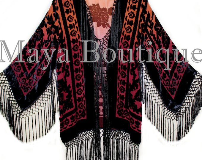 Wearable Art Tangerine Wine Black Velvet Kimono Jacket Hand Dyed Short Maya Matazaro