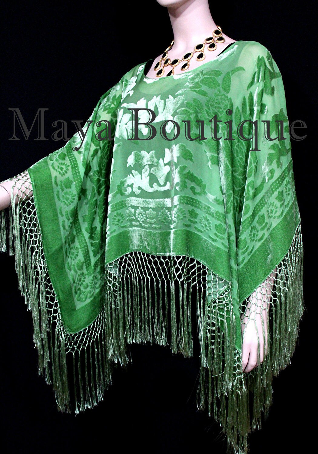 Green Silk Burnout Velvet Poncho Fringe Top Shawl Hand Dyed - Etsy