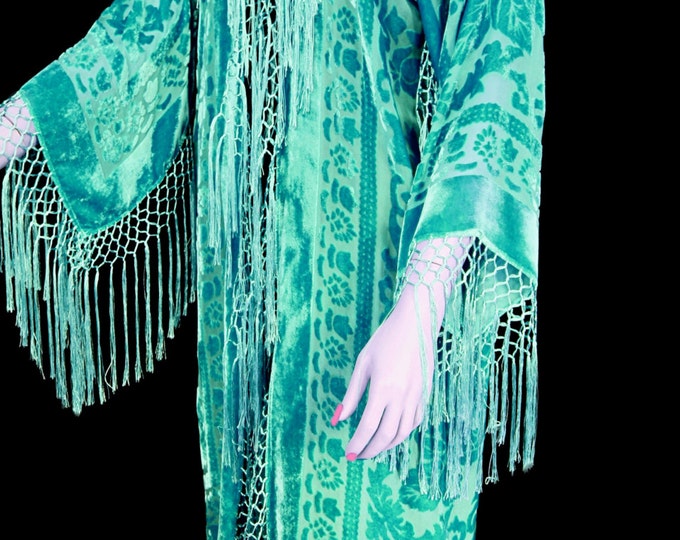 Maya Matazaro Silk Burnout Velvet Fringes Jacket Kimono Long Coat Tiffany Mint