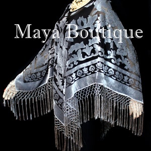 Seide Ausbrenner Samt Poncho Schal Top mit Fransen Silber Grau Schwarz Maya Matazaro