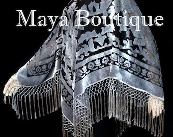 Silk Burnout Velvet Poncho Shawl top With Fringe Silver Gray Black Maya Matazaro