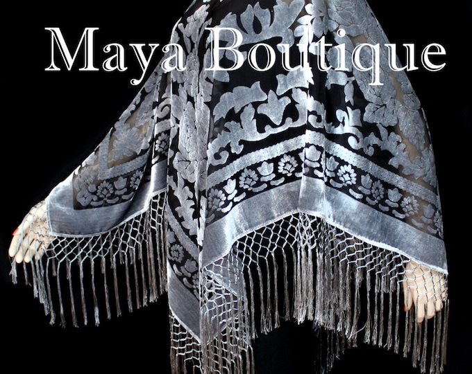 Silk Burnout Velvet Poncho Shawl top With Fringe Silver Gray Black Maya Matazaro