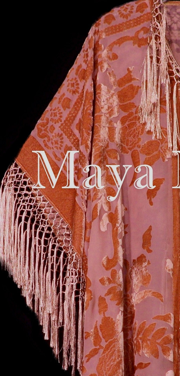 Papaya Orange Fringe Jacket Kimono Duster Silk Burnout Velvet Maya Matazaro  Plus - Etsy