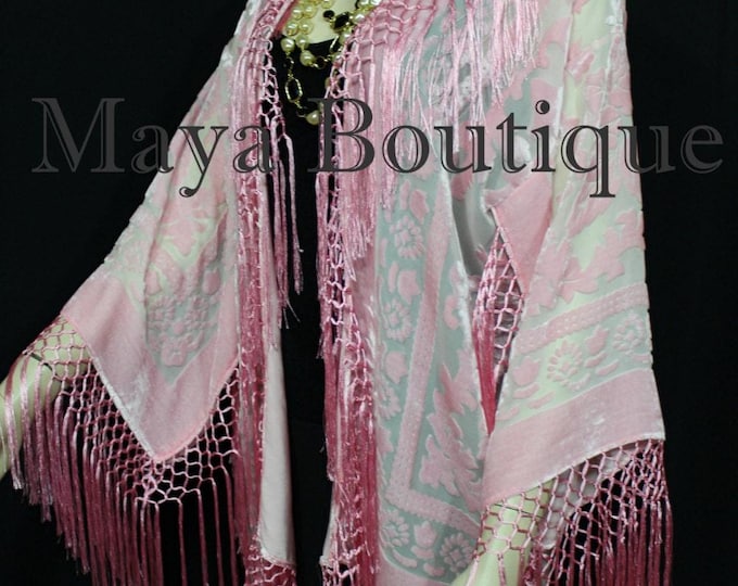 Maya Matazaro Rose Quartz Silk Burnout Velvet Fringe Jacket Short Kimono US Made