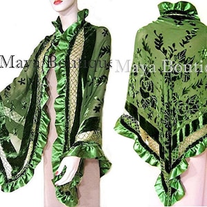 Green Shawl Scarf Wrap Silk Beaded Burnout Velvet Triangle Ruffles Maya Matazaro