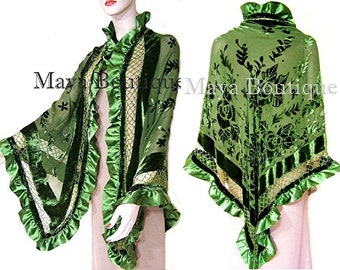 Green Shawl Scarf Wrap Silk Beaded Burnout Velvet Triangle Ruffles Maya Matazaro