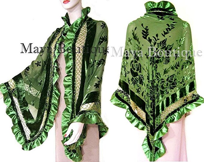 Green Shawl Scarf Wrap Silk Beaded Burnout Velvet Triangle Ruffles Maya Matazaro
