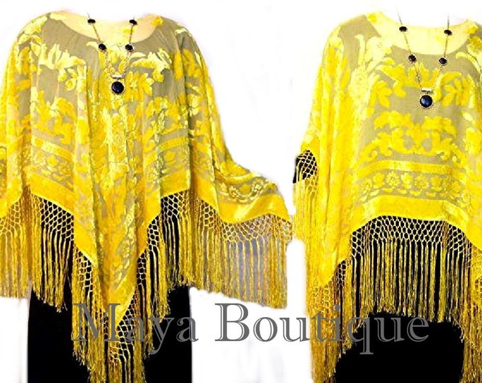 Buttercup Yellow Silk Burnout Velvet Poncho Shawl Fringe Top Maya Matazaro One Size