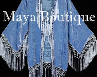Maya Matazaro Serenity Blue Kimono Silk Burnout Velvet Fringe Jacket Short Hand Dyed