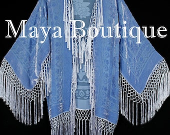 Maya Matazaro Serenity Blue Kimono Silk Burnout Velvet Fringe Jacket Short Hand Dyed