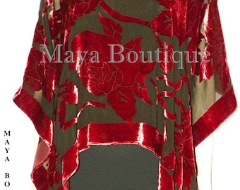 Silk Burnout Velvet Poncho Kimono Top Ruby Red & Black No Fringe Maya Matazaro