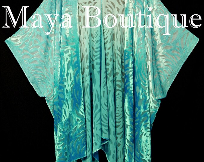 Maya Matazaro Teal Ombre Camellia Burnout Velvet Caftan Kimono Jacket Hand Dyed USA Made
