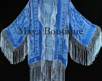 Sky Blue Silk Burnout Velvet Fringe Jacket Short Kimono Maya Matazaro