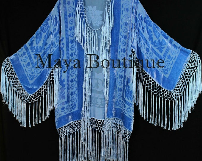 Sky Blue Silk Burnout Velvet Fringe Jacket Short Kimono Maya Matazaro