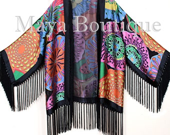 Maya Matazaro Fringe Jacket Kimono Silk Devore Stunning