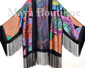 Maya Matazaro Fringe Jacket Kimono Silk Devore Stunning