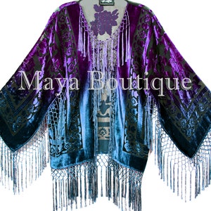 Maya Matazaro Art to Wear Burnout Velvet Kimono Jacket Hand Dyed Green Blue