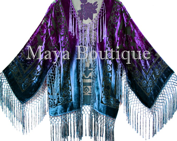 Maya Matazaro Art to Wear Burnout Velvet Kimono Jacket Hand Dyed Green Blue