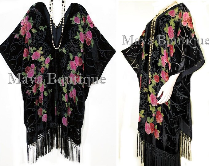 Tea Roses Caftan Kimono Burnout Velvet Black Red & Pink Usa Made Maya Matazaro