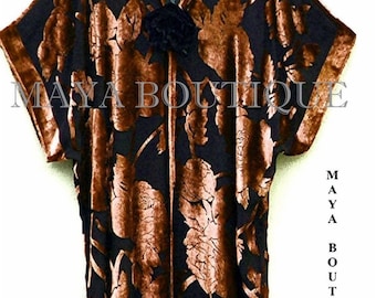 Silk Burnout Velvet Jacket Kimono Duster Copper Brown & Black No Fringe Maya Matazaro