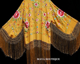 Orange Embroidered Flamenco Silk Fringe Jacket Kimono Maya Matazaro