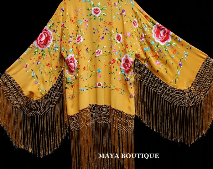 Orange Embroidered Flamenco Silk Fringe Jacket Kimono Maya Matazaro