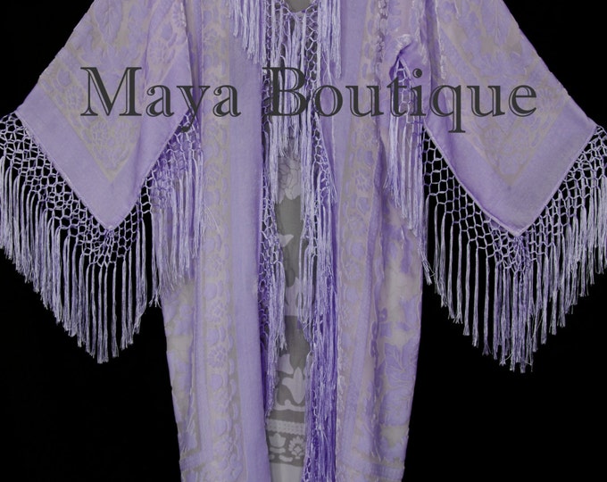 Dusty Lilac Silk Burnout Velvet Fringes Jacket Kimono Long Coat Maya Matazaro