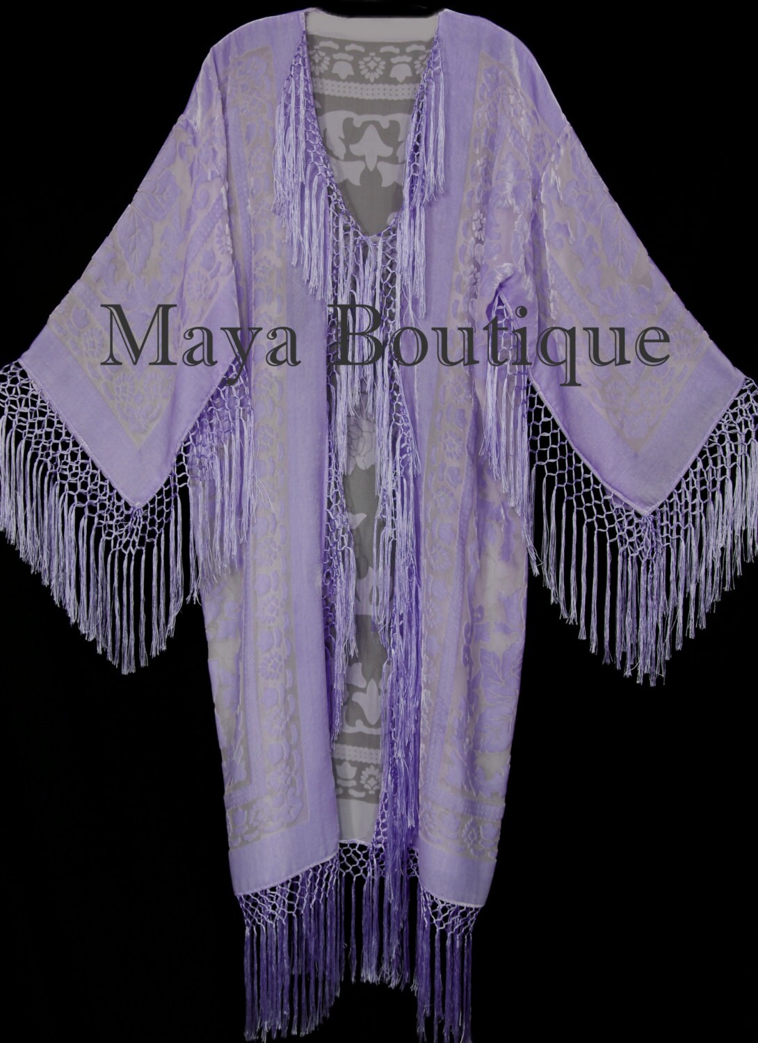 Dusty Lilac Silk Burnout Velvet Fringes Jacket Kimono Long Coat Maya  Matazaro