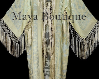 Vanilla Silk Burnout Velvet Fringes Jacket Kimono Long Coat Maya Matazaro