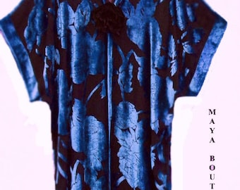 Silk Burnout Velvet Jacket Kimono Duster Blue & Black No Fringe Maya Matazaro