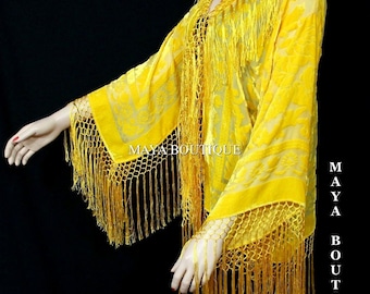 Buttercup yellow Silk Burnout Velvet Fringe Jacket Short Kimono Maya Matazaro
