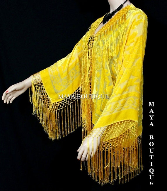 Buttercup Yellow Silk Burnout Velvet Fringe Jacket Short Kimono - Main Image
