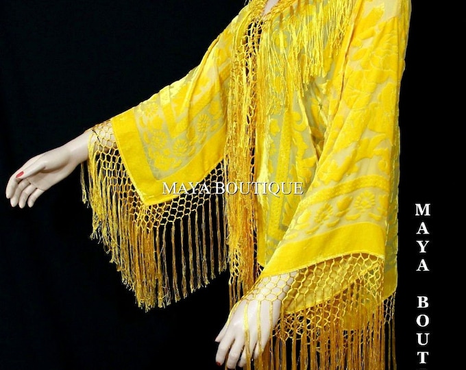 Buttercup yellow Silk Burnout Velvet Fringe Jacket Short Kimono Maya Matazaro