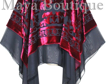Maya Matazaro Layered Poncho Top Red Black Burnout Velvet & Chiffon Made In USA
