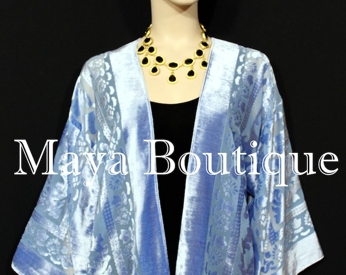 Light Blue Jacket Kimono Burnout Velvet Short No Fringe Hand Dyed Maya Matazaro