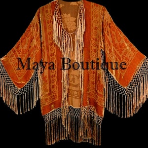 Orange Silk Burnout Velvet Fringe Jacket Short Kimono Maya Matazaro