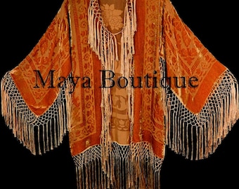 Orange Silk Burnout Velvet Fringe Jacket Short Kimono Maya Matazaro