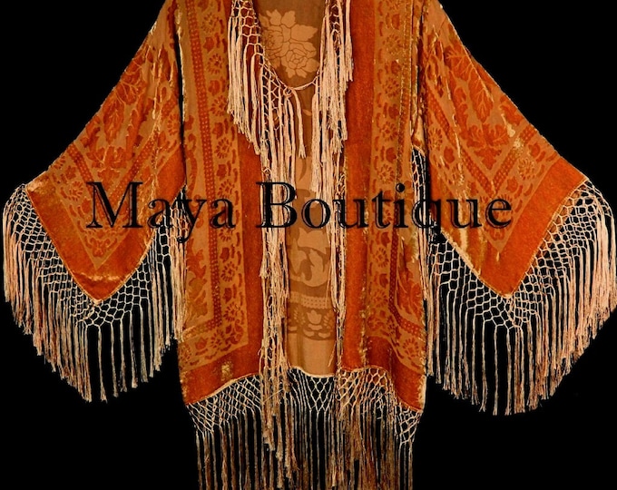Orange Silk Burnout Velvet Fringe Jacket Short Kimono Maya Matazaro