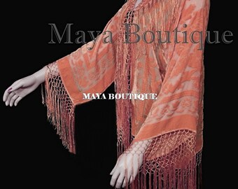 Salmon Silk Burnout Velvet Fringe Jacket Short Kimono Maya Matazaro
