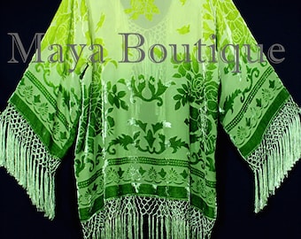 Wearable Art Burnout Velvet Kimono Jacket Hand Dyed Lime kelly Green Ombre Maya Matazaro