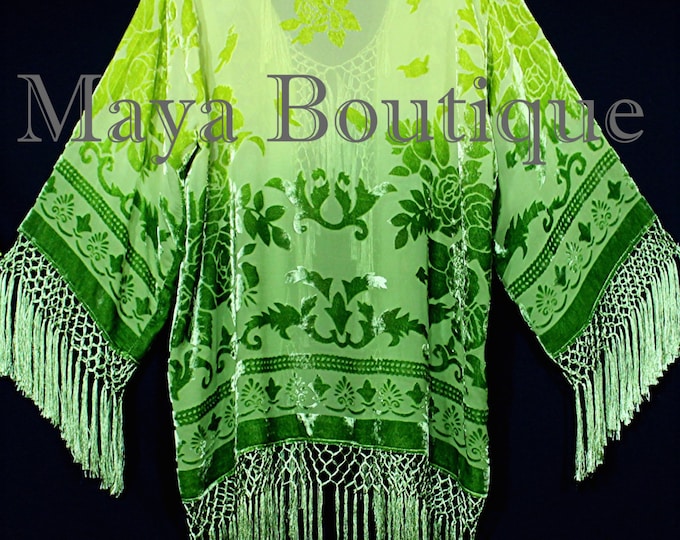 Wearable Art Burnout Velvet Kimono Jacket Hand Dyed Lime kelly Green Ombre Maya Matazaro