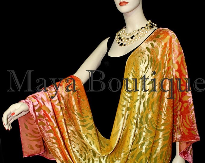 Maya Matazaro Hand Dyed Orange Gold Camellia Shawl Wrap Scarf Burnout Velvet